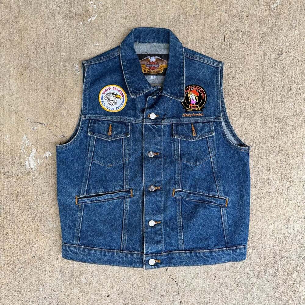 Vintage Harley-Davidson Denim Motorcycle Vest With Patches Made In USA Size S
